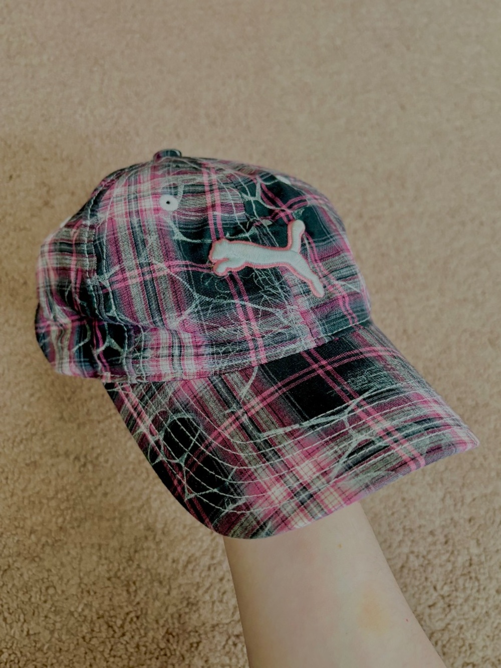 Puma Y2K Style Plaid Baseball Cap Trucker Hat Pink Skater Grunge McBling Retro